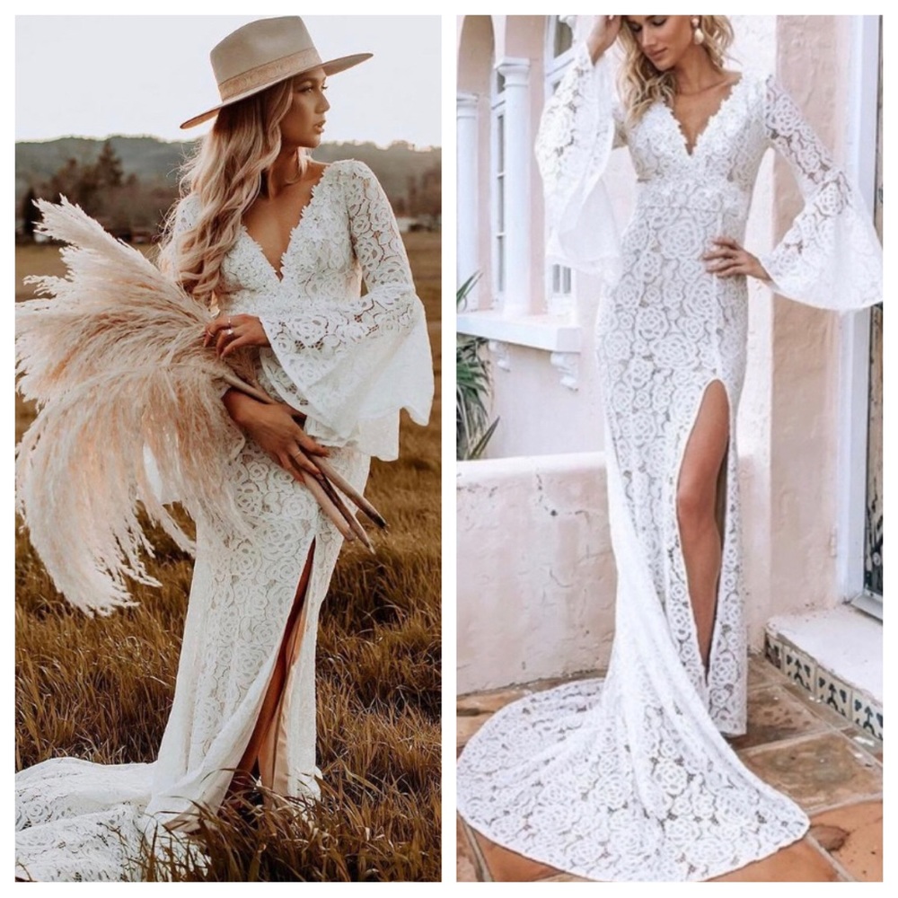 NWOT Lulus Duchess Ivory Lace Bell Sleeve Maxi Dress